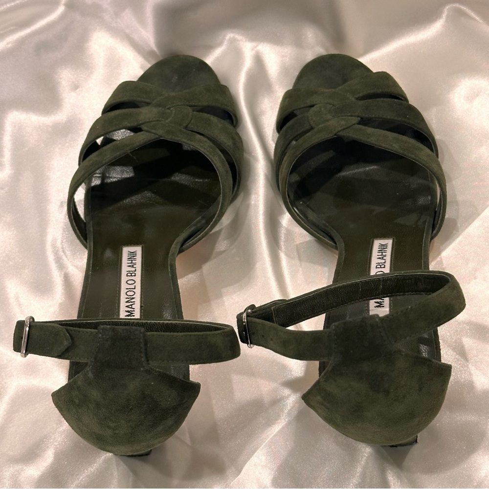 Manolo Blahnik Olive Green Suede Strappy Ankle‑Tie Heels - Picture 6 of 15